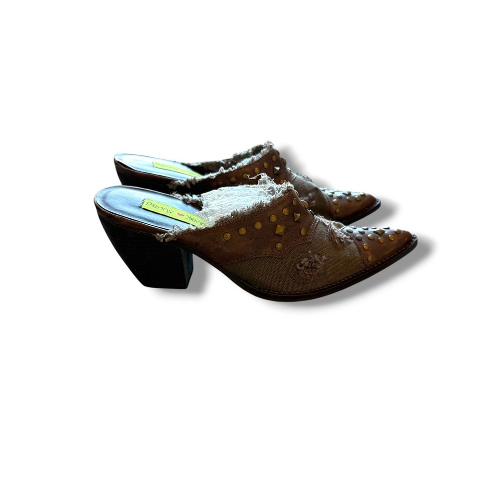 Penny Loves Kenny Mules Womens 7 Brown Studded Frayed Canvas Western Heels